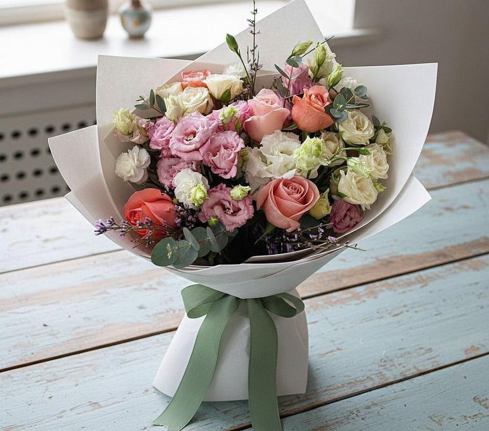 Букет цветов из: Розы, Лизиантусы и Гвоздики в Румянцево