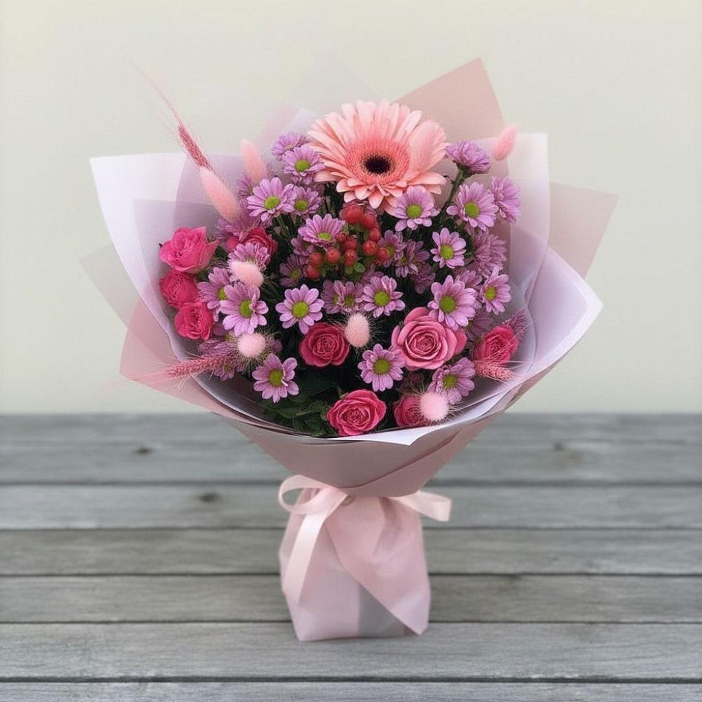 Букет цветов из: Розы, Герберы и Хризантемы в Румянцево