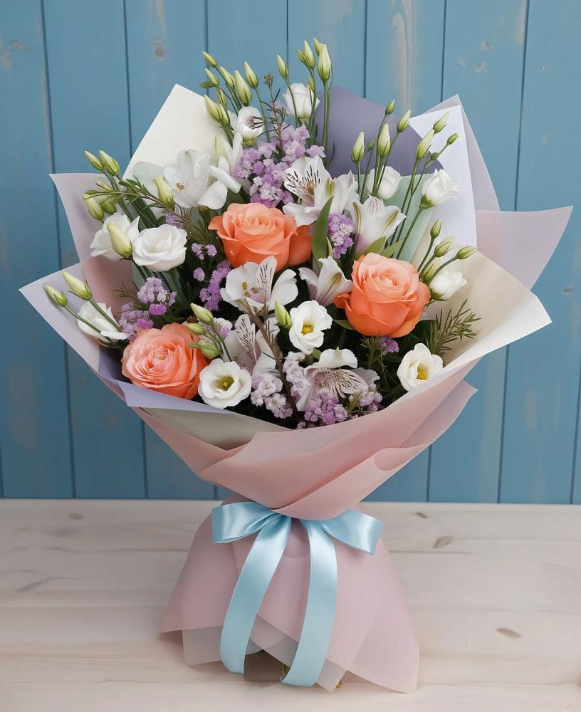 Букет цветов из: Лизиантусы, Розы, Альстромерии и Гипсофила в Румянцево