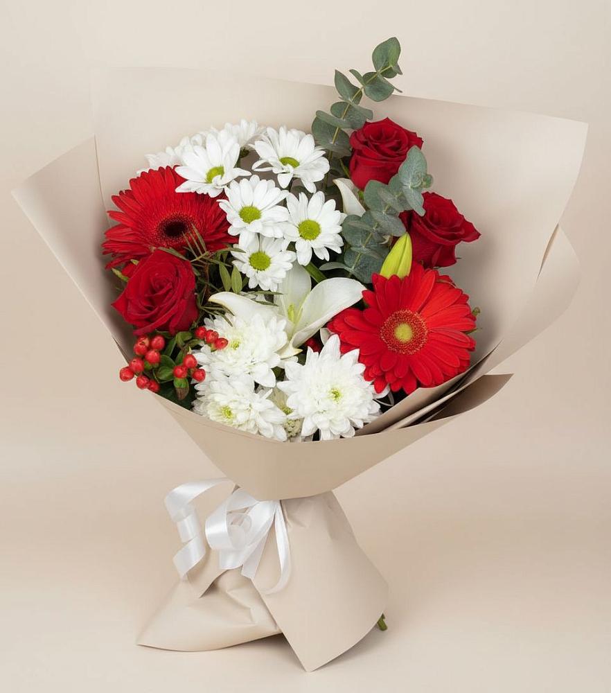 Букет цветов из: Розы, Хризантемы, Герберы и Лилии в Румянцево